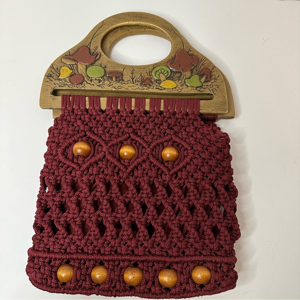Vintage macrame purse, woven design, wooden handles with mushroom design